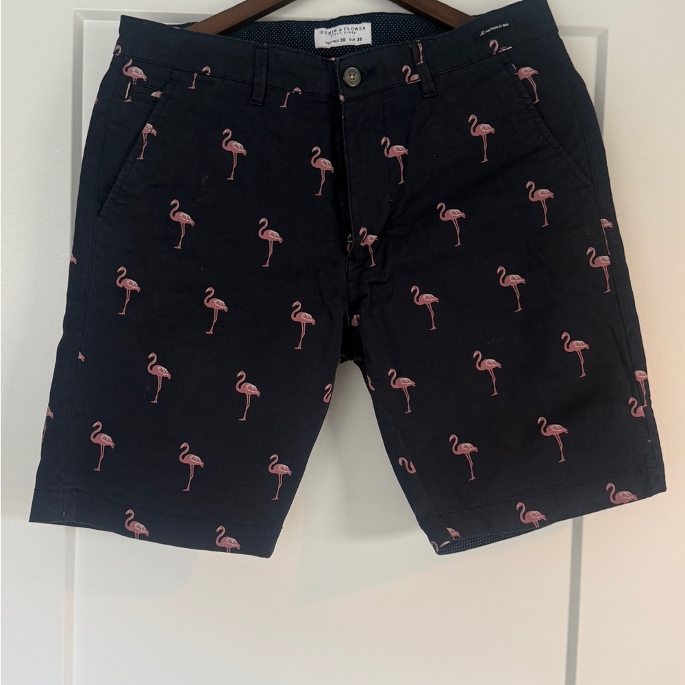 Denim & Flower Navy Shorts with Pink Flamingo Print